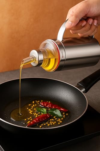 Image of Stainless Steel Oil Dispenser for Kitchen | 1 Litre | No Spilling Return Ventilation Hole | Dust-Proof Cap | Anti-Leak Design | Easy Clean Wide Mouth Oil Bottle for Cooking