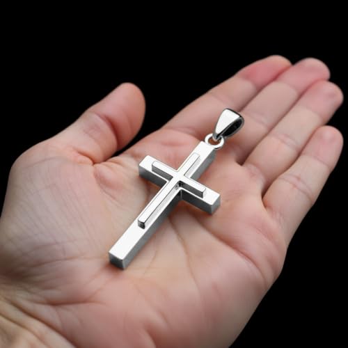 US Jewels Men's XL 925 Sterling Silver Double Christian Cross Pendant, 50mm3