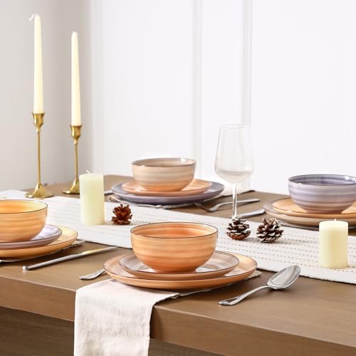 Image of Selamica Ceramic Plates and Bowls Sets,12 Pieces Dinnerware Sets for 4,Scratch Resistant Dish Set,Dishwasher & Microwave Safe, Maillard