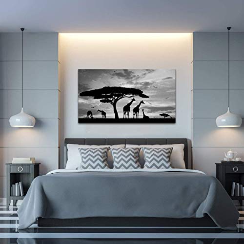Artsbay Animal Canvas Wall Art Giraffe Family Under A Tree Painting Print Black And White Landscape Artwork Picture For Modern Living Room Bedroom Office Decoration Stretched Ready To Hang 24X36Inch #TOP2