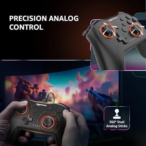 Image of Amazon Basics USB Gamepad with Turbo Mode | Dual Vibration | PS3 & PC Support | X Input & Direct Input | Wired Controller with Ergonomic Design | 1m Cable | Black
