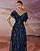 Women's Sequin V-Neck Short Sleeve A-Line Evening Dress Elegant Evening Dresses Party Gowns Navy