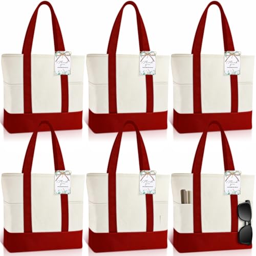 Shinylin 6 Pcs Mini Canvas Tote Bags with 2 Pockets, Red and Beige