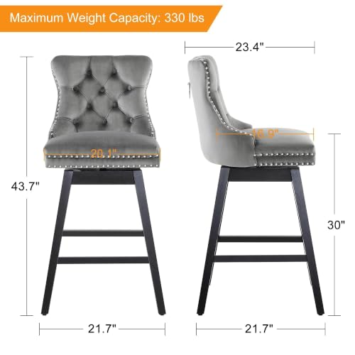 Image of Grey Swivel Bar Stools, Velvet Counter Height Bar Stools Set of 4 | 360 Swivel Bar Chairs, Solid Wood Legs, Upholstered Kitchen Island Stools, Modern Extra Wide Seat (Grey, 30 inch H, 4 Pack)