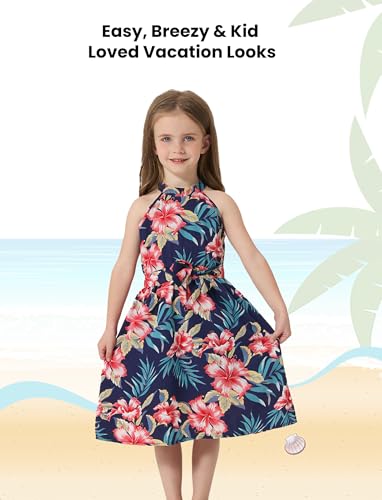 Image of PATPAT Family Hawaiian Matching Outfits - Mommy and Me Vacation Outfits | Halter Sundresses and Button Down Shirts,Caribbean Vacation Summer Tropical Outfits,Hawaiian Boho Tropical Floral Printed