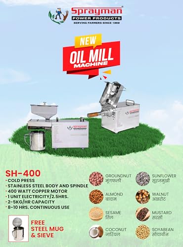 Image of Sprayman SH-400 Cold Press Oil Machine 400W Stainless Steel Oil Extractor for Groundnut Sesame Mustard Soybean Coconut Sunflower Oil Making at Home Commercial Kitchen and Small Business