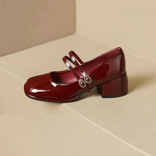 DINTAHA Platform Heeled Mary Janes for Women,Square Toe Pumps for Women Low Heel Patent Leather Mary Janes3