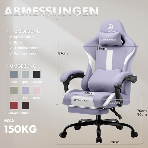 Image of GTPLAYER Gaming Chair, Office Chair, Ergonomic Gaming Chair with Headrest and Cloud Lumbar Cushion, Padded Gaming Chair with Footrest, Swivel Chair, 150 kg Capacity, Purple