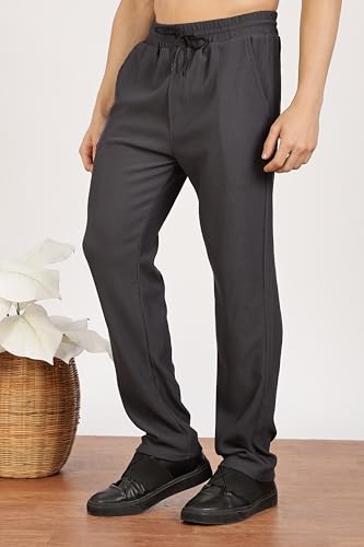 Image of Men's Regular Fit Textured Trousers with Elastic Waistband & Drawstring Closure - Casual & Smart Everyday Pants