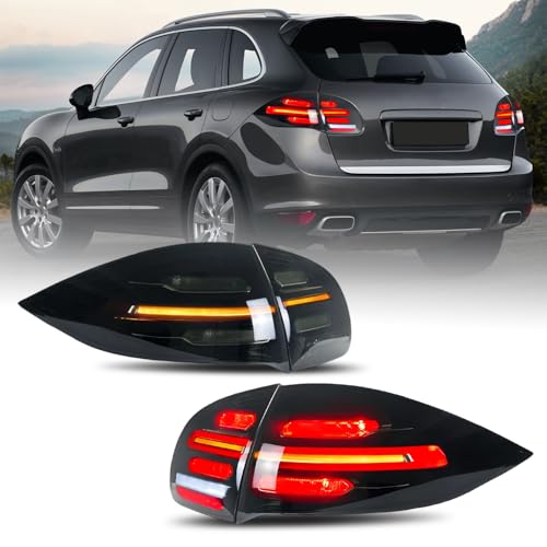 HCMOTIONZ LED Tail Light Compatible with Porsche Cayenne 2011-2014 Start up Animation & Sequential Turn Signal Assembly 2pcs (SMOKED)