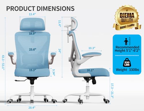 Image of Ergonomic Office Chair - Mesh Desk Chair with Adjustable Lumbar Support High Back Computer Gaming Chairs - Big and Tall Office Chairs Adults, Comfortable for Long Hours, Sky Blue