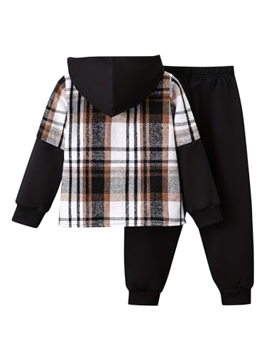 Image of 2Pcs Kids Boys Flannel Plaid Shirt Tops Pants Set Hoodie Sweatsuit for Fall Winter Spring Outfits 4-12 Years