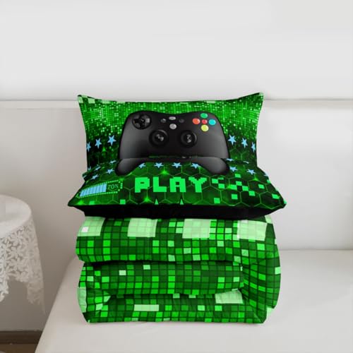 Image of Feelyou Gaming Comforter Set Toddler Size Teens Gamer Bedding Set for Kids Boys Game Controller Reversible Comforter Gamepad Quilt Fluorescent Green 1 Comforter Set Toddler Size with 1 Pillowcase