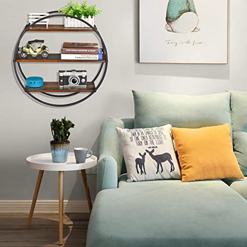 Bcozlux Floating Shelves, 3 Tier Decorative Geometric Circle Metal And Wood Wall Shelves, Bathroom Shelf Round Wall Decor, Rustic Brown #TOP1