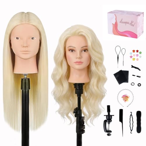 MYSWEETY 26'' Mannequin Head with Hair, 80% Real Human Hair Hairdresser Practice Training Head Cosmetology Mannequin Manikin Doll Head with Table Clamp Holder + DIY Hair Styling Braid Set (Blonde, No
