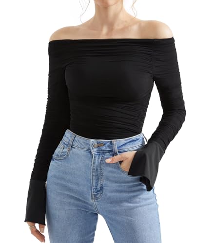 OMKAGI Women Long Sleeve Tops Boat Neck Off Shoulder Shirts Fitted Going Out Y2K Crop Top4