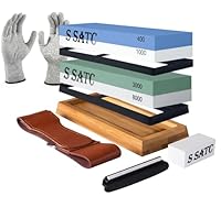 S SATC Schleifstein Set für Messer, Körnung 400/1000 3000/8000, Wetzstein Messerschärfer Set inkl. Schutzhandschuhen, Bambushalter, Winkelführung, Abziehleder und Abrichtstein