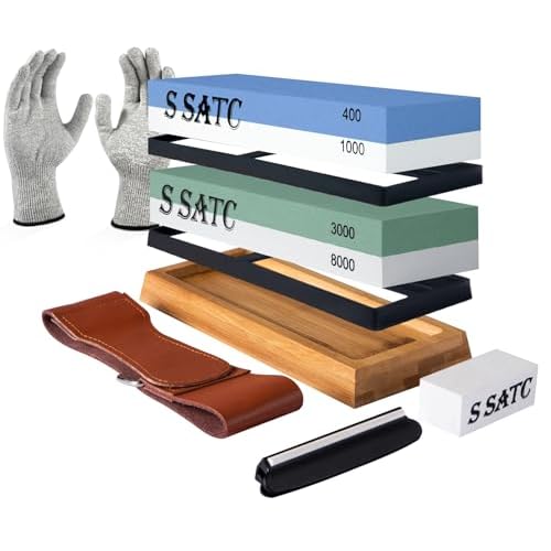 S SATC Schleifstein Set für Messer, Körnung 400/1000 3000/8000, Wetzstein Messerschärfer Set inkl. Schutzhandschuhen, Bambushalter, Winkelführung, Abziehleder und Abrichtstein
