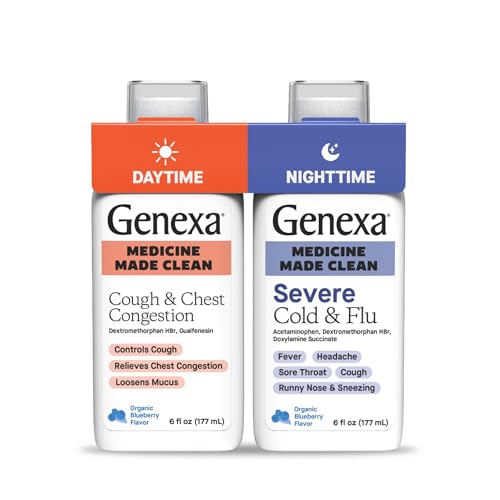 Image of Genexa Clean Cough & Congestion + Nighttime Relief Combo Pack, Dye Free, 0% Artificial Additives, Liquid Multi-Symptom Cough, Cold, & Flu, Organic Blueberry Flavor, 12 fl oz (2 Pack)