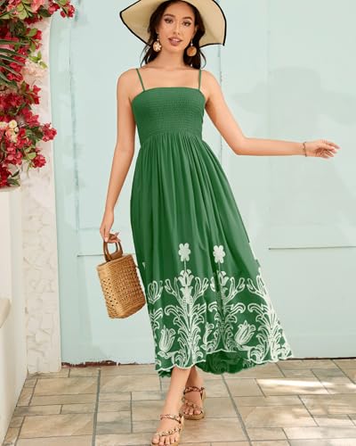 Image of Bsubseach Spaghetti Strap Maxi Dress Women Smocked Midi Dresses Flower Embroidered Summer Sundress Boho Beach Vacation