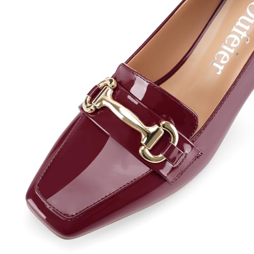 Image of Womens Mid Block Chunky Heeled Loafers Closed Square Toe Patent Leather Comfortable Slip On Pumps Metal Chain Basic Classic Casual Work Office Dress Shoes 2.8 Inches Heels