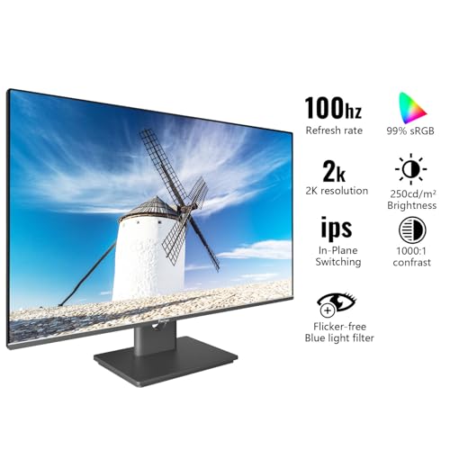 Prechen 23.8 Inch PC Gaming Monitor QHD 2560x1440 2K 100Hz, 2ms, Built-in Speakers, HDR, 99% sRGB IPS LED Computer Screen with HDMI/DP Ports, AMD FreeSync Compatible, VESA Supports, Black