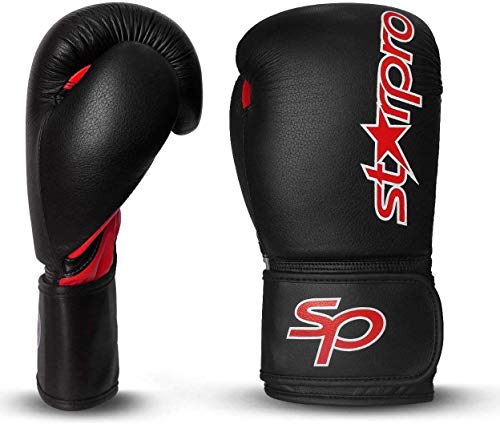 STARPRO Boxhandschuhe Muay Thai Training - 8oz 10oz 12oz 14oz 16oz | Kickboxen Pro Sparring Professioneller Punchinghandschuhe Mitts Boxsack Boxing Gloves| Rindsleder Schwarz Rot für Männer und Frauen