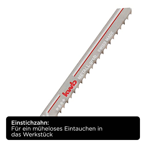 kwb Stichsägeblätter für Metall aus stabilem Bi-Metall, hochelastisch, mit Einnockenschaft (T-Schaft), Einstichzahn, optimale Standzeit, stahlblanke Oberfläche, für feine Schnitte