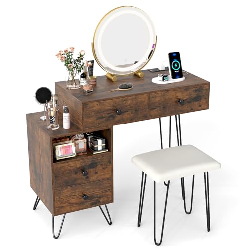 Image of COSTWAY Dressing Table with 360° Rotation LED Mirror and Stool, Makeup Table Vanity Desk Set with Charging Station, 3-Color Lights, Adjustable Brightness, Drawers & Side Storage Cabinet (Rustic Brown)