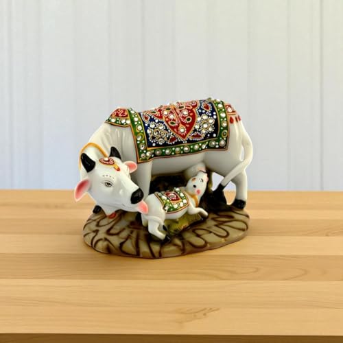 Image of SkyKey Decorative Kamadhenu Cow with Calf Figurine, White with Ornate Traditional Design, Polyresin, Religious Hindu Art Statue,3 Inch