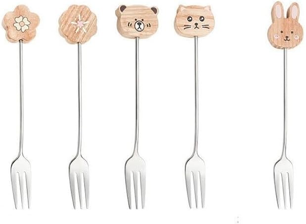 Silverware Flatware Set, 5/20/30/40/50/60pcs 304 Stainless Steel Solid Wood Creative Cute Animal Fork Home Restaurant Fruit Fork Tableware(50 Pieces)