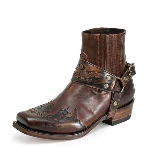 Men's Belt Strap Studded Cowboy Boots Square Toe Vintage Embroidery Pull on Ankle Boots Fashionable Western Motorcycle Boots