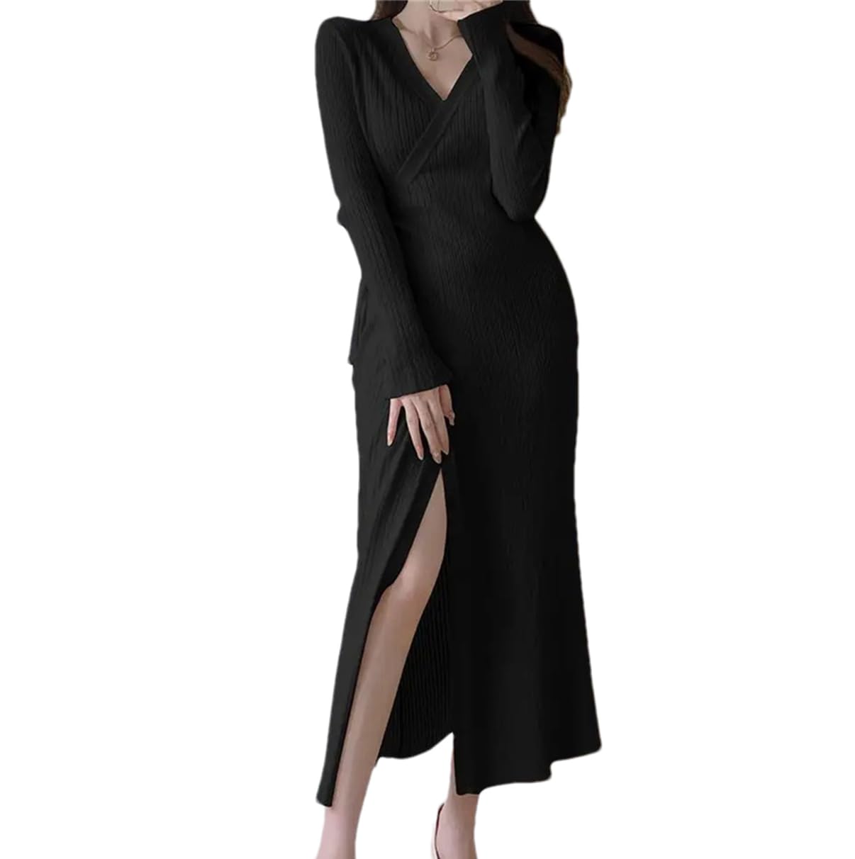 Robe tricotée à manches longues et col en V pour femme - Style vintage - Décontracté