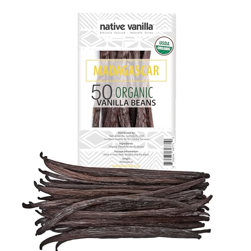50 Organic Madagascar Vanilla Beans - Whole Grade A Premium Bourbon Pods - For Making Extract & Baking - For Cooking, Desserts & More - 100% Vegan & Kosher - Non-GMO & Gluten-Free - Native Vanilla