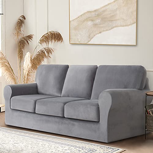 Yzhalouk 7 Pieces Sofa Covers, Stretch Velvet Plush Couch Covers For 3 Cushion Couch Soft Non Slip Furniture Protector Sofa Slipcover For Living Room Dogs Cat-E-Large #TOP1