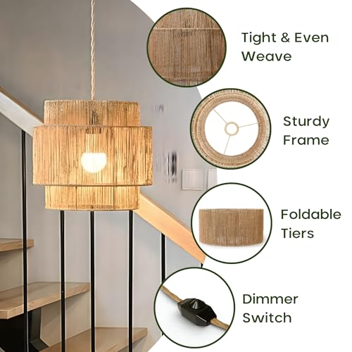 Chi An Home 11.8" Boho Jute Plug in Pendant Light, Handwoven Natural Hanging Lamp Plug in with Dimmable Light Switch, Wicker Hanging Light Fixture for Bedroom Living Room Kitchen (No Bulb Included) by Chi An Home - Image 6
