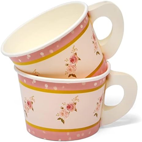 48 Count Floral Tea Party Treat Cups with Handle 10 Oz. Disposable Paper Snack Cup Dessert Ice Cream Teacup Bowls Pink Flowers Design For Frozen Treats Cupcakes Party Favor Supplies Decorations