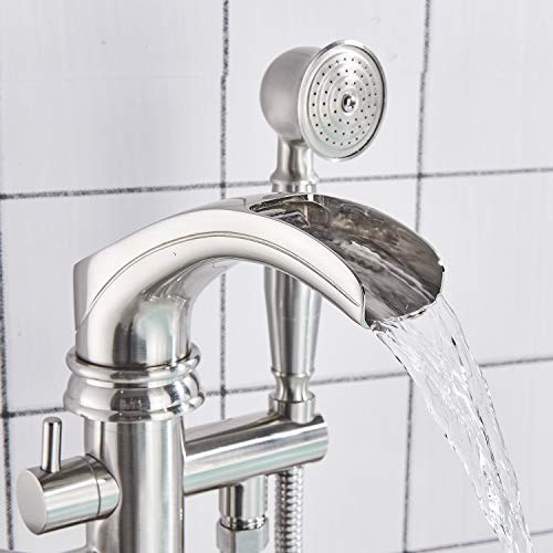 Senlesen Brushed Nickel Bathroom Single Handle Freestanding Bathtub Faucet Floor Mounted Waterfall Tub Filler with Hand Shower Set - Thumbnail 6