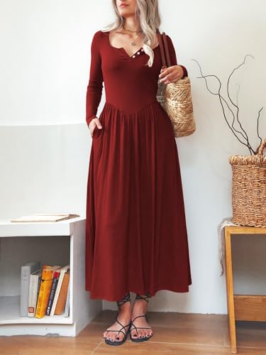 Image of Mieazom Long Sleeves Maxi Dress for Women A Line 2025 V Neck Casual Button Boho Tshirt Long Dress with Pockets