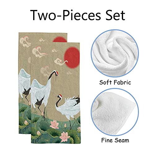 Hand Towels Face Towels Set Of 2 Japanese Cranes Lotuses Asian Oriental Style Soft Comfortable Polyester Microfiber Fast Water Absorbent Towels For Bathroom Kitchen 30X15 Inch #TOP1