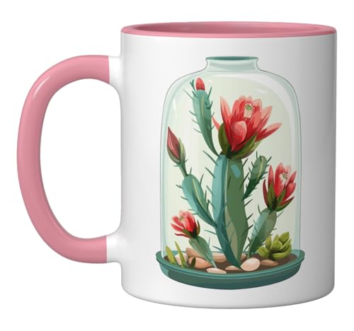 Red Orchid Cactus In A Terrarium Ceramic Mug, Pink/White