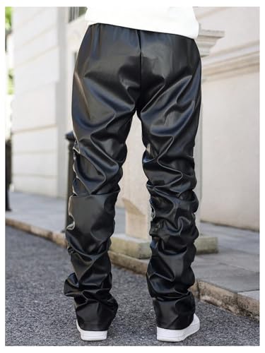 SHENHE Men's PU Leather Stacked Pants Straight Leg Ruched Hip Hop Streetwear Pants Trousers2