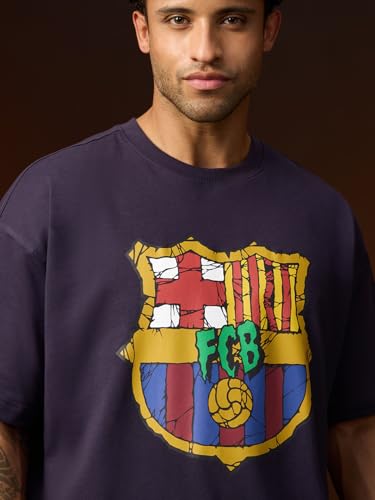 Image of The Souled Store FCB: Men and Boys Short Sleeves Round Neck Casual Lightweight Drop Shoulder Streetwear Trendy Oversized T-Shirts Black