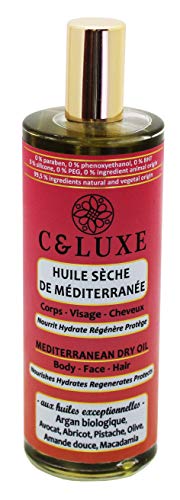 Huile sèche de Méditerranée, CORPS VISAGE CHEVEUX, Argan Bio, Avocat, nourrit hydrate régenère et protège votre peaux, sans silicone, 99.5% naturelle, spray 100 ml.