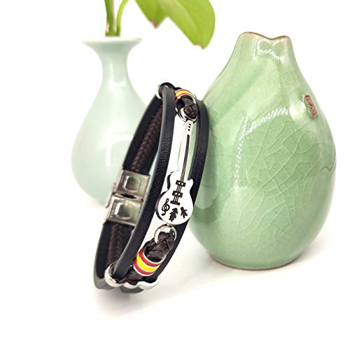 Eymi Mens Leather Cuff Bracelet Handmade Black Multi-Layer Cowhide Woven Rope Guitar Bangle, 8.3inch[Adjustable]2