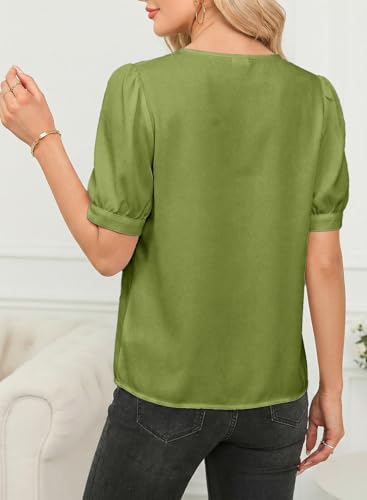 Dokotoo Women's Summer Puff Sleeve Blouses Cowl Neck Office Work Shirts Solid Color Professional Tops Green Small — view 5