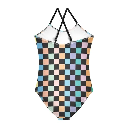 Colorful Square Girls One Piece Swimsuits Sport Halter Swimwear Beach Bathing Suit 7-8T2