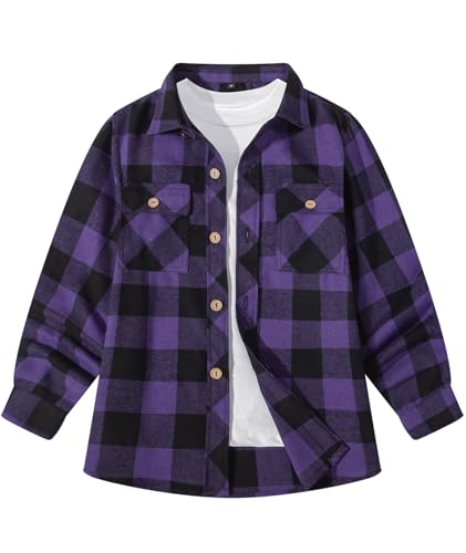 SwissWell Camisa a Cuadros Niños de Manga Larga Camisa de Franela para Niños Otoño Camisa Clásica con Botones Cuadros Ropa Morado S