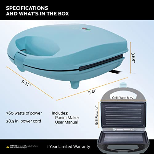 Vetta 760-Watt Nonstick Panini Press, Sandwich Maker, Automatic Temperature Control, Nonstick Coating, Nonslide Feet, Indoor Large Versatile Grill, 28.5 In. Wrappable Power Cord, Seafoam Blue #TOP2