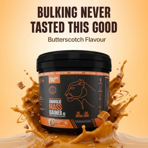 Image of BeastLife High Protein Mass /Weight Gainer | 5 KG | Butterscotch | NABL LAB Tested | For Muscle Gain & Fast Growth | Cereal-Based Formula, No Maltodextrin | India's #1 Cereal Based Bulk Gainer
